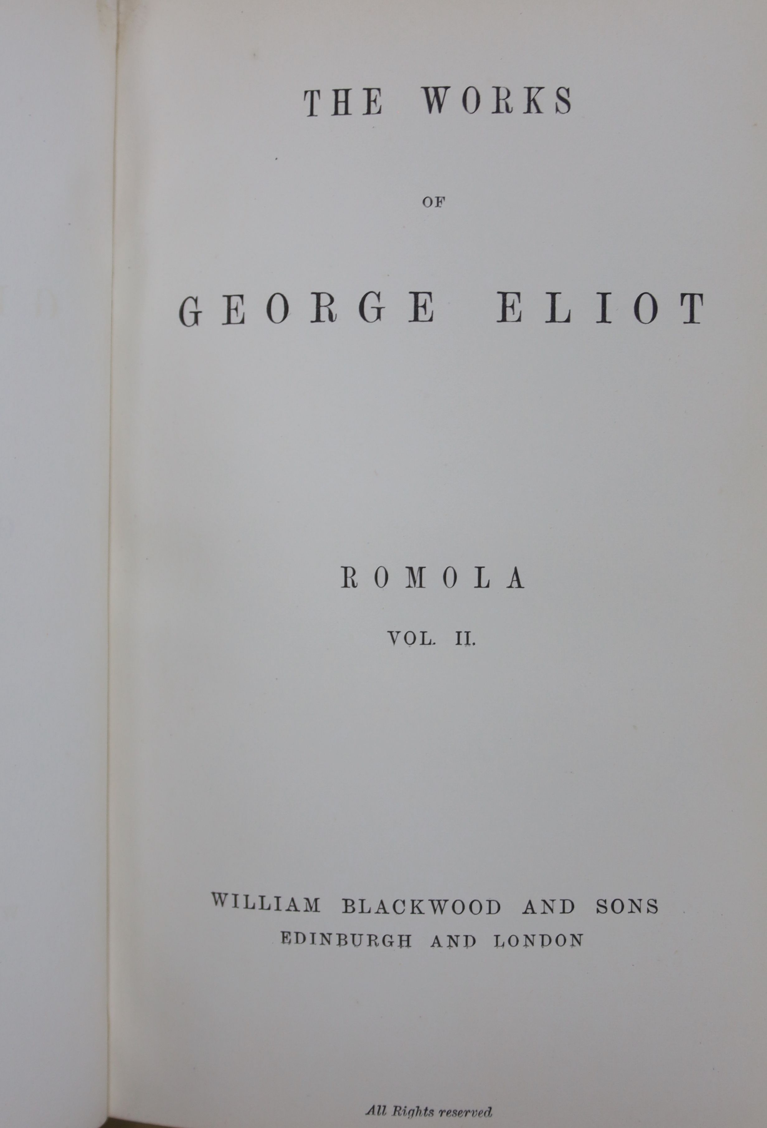 The Works of George Eliot, Cabinet Edition, Blackwood and Sons, 18 vols, gilt-tooled tan half calf and marbled boards, 8vo and a quantity of leather-bound and other literary works